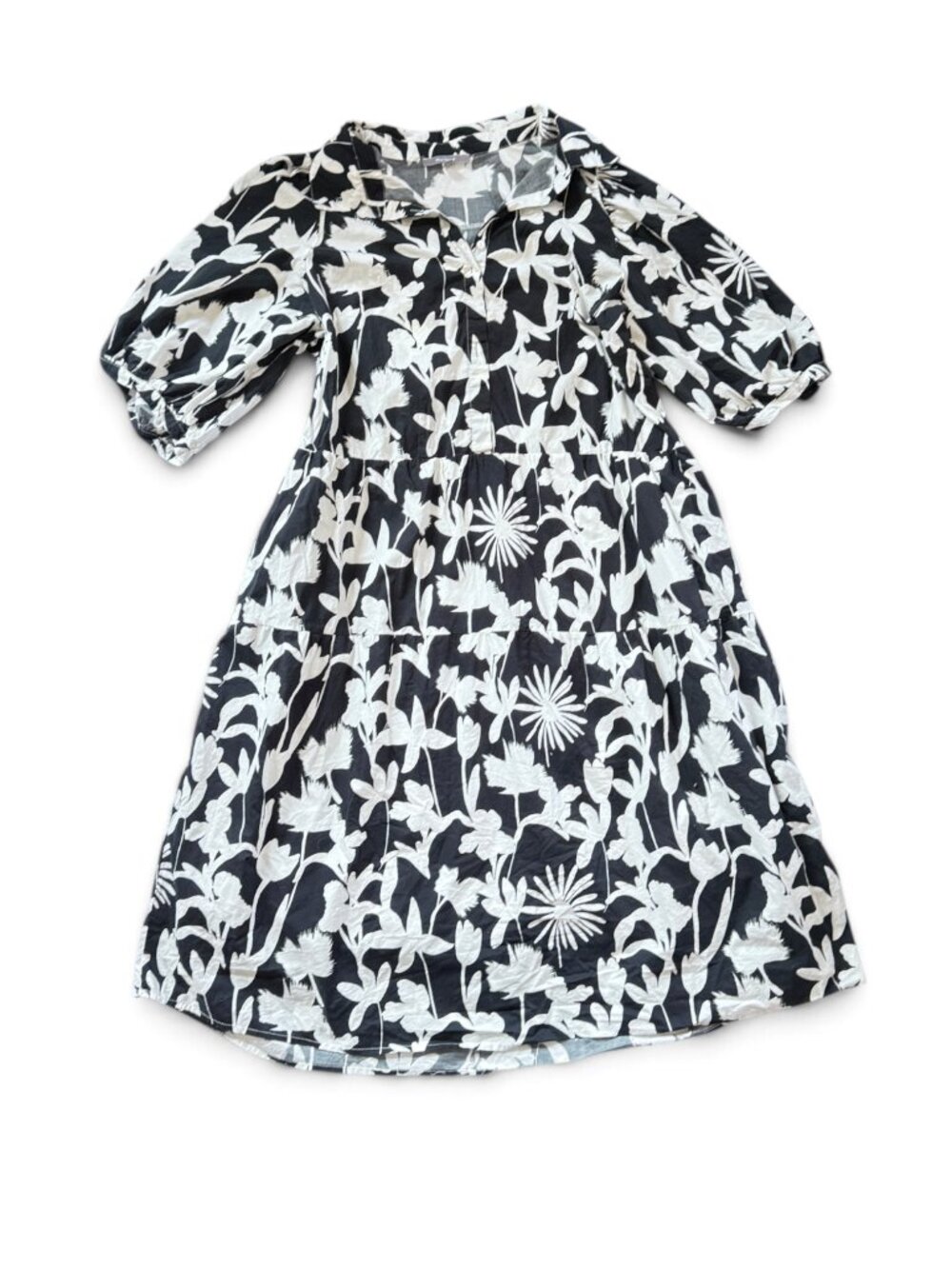 Anthropologie Blue Tassel Darla Black White Floral Tiered Midi Dress 1X